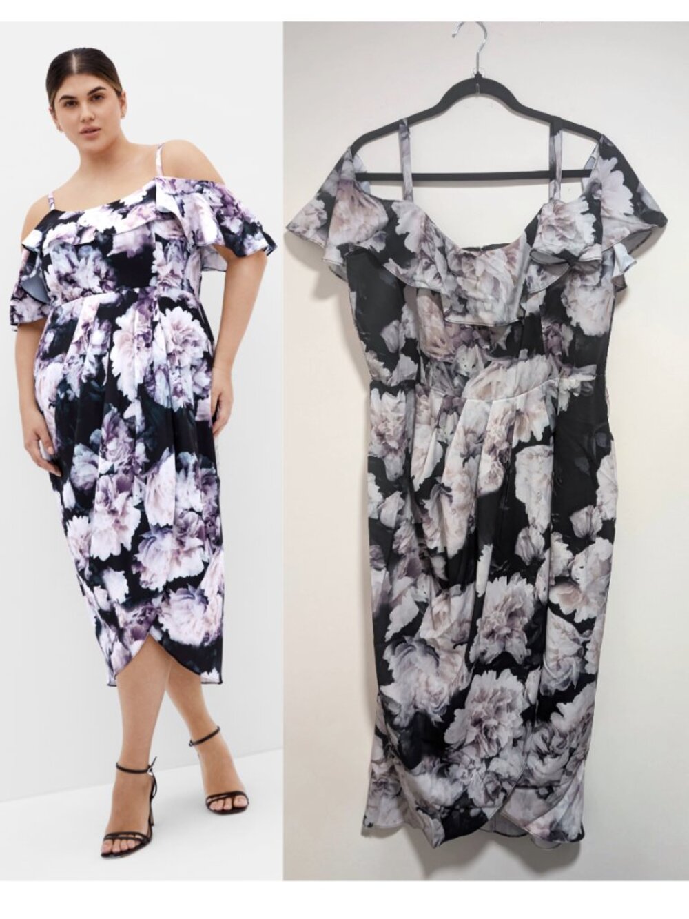 City Chic | Sweet Sensation Floral Cold Shoulder Dress In Charcoal
